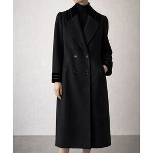Alorna Wool Blend Double Breasted Longline Trench Coat VTG Black Velvet Collar